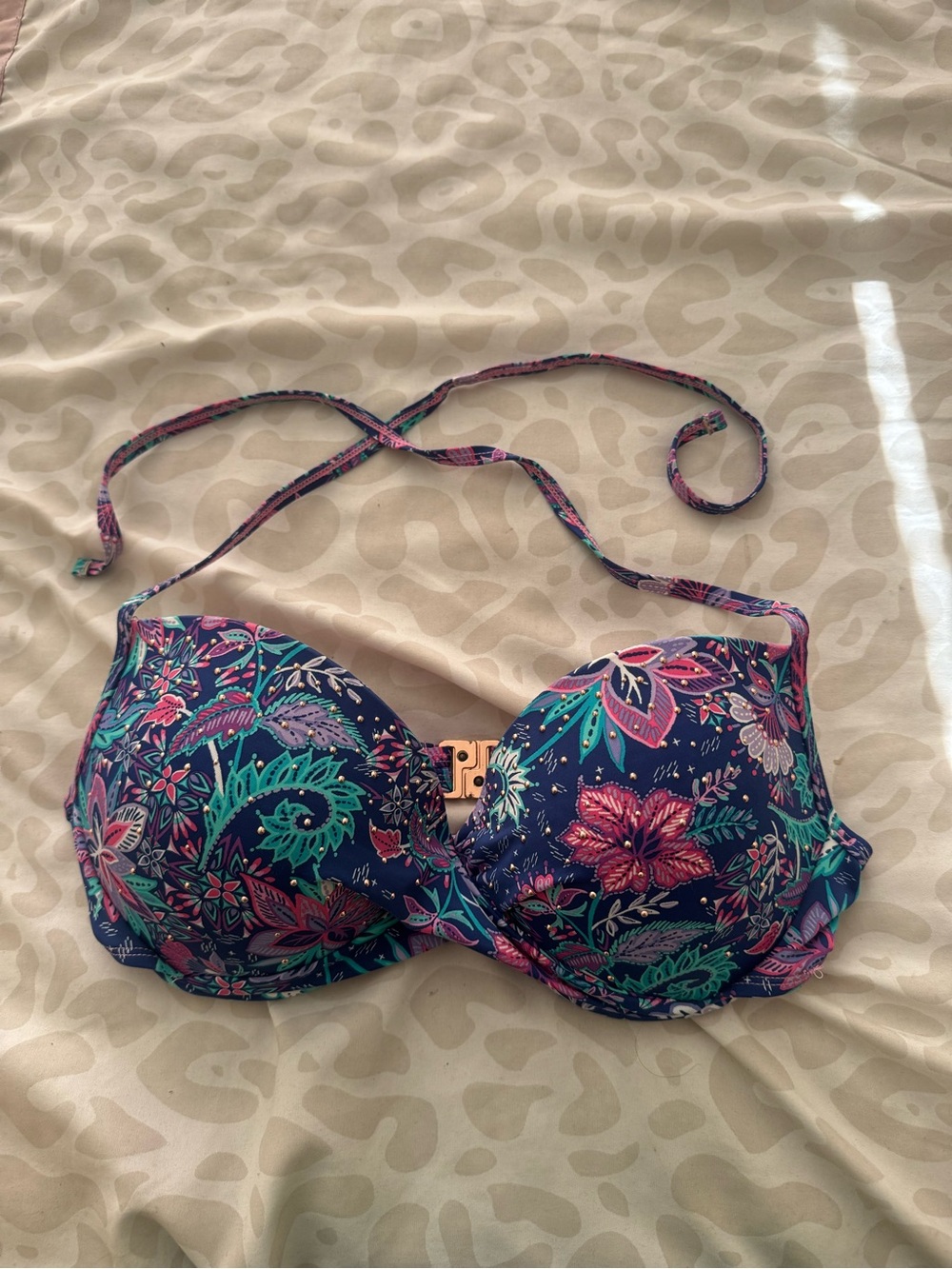 F&F push-up pink and blue floral beaded-accent bikini top